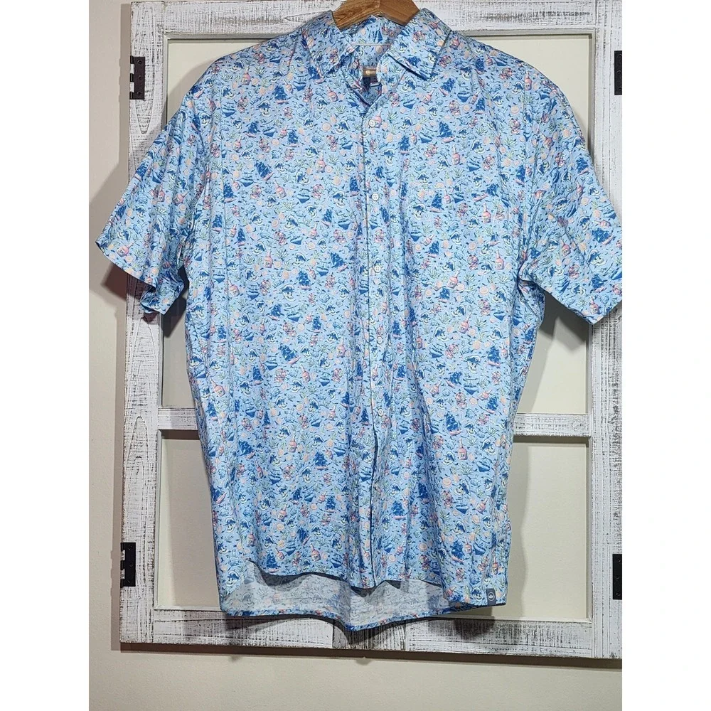 Peter Millar Mens Blue Pirate Nautical Skull Rum Print Short Sleeve Shirt L